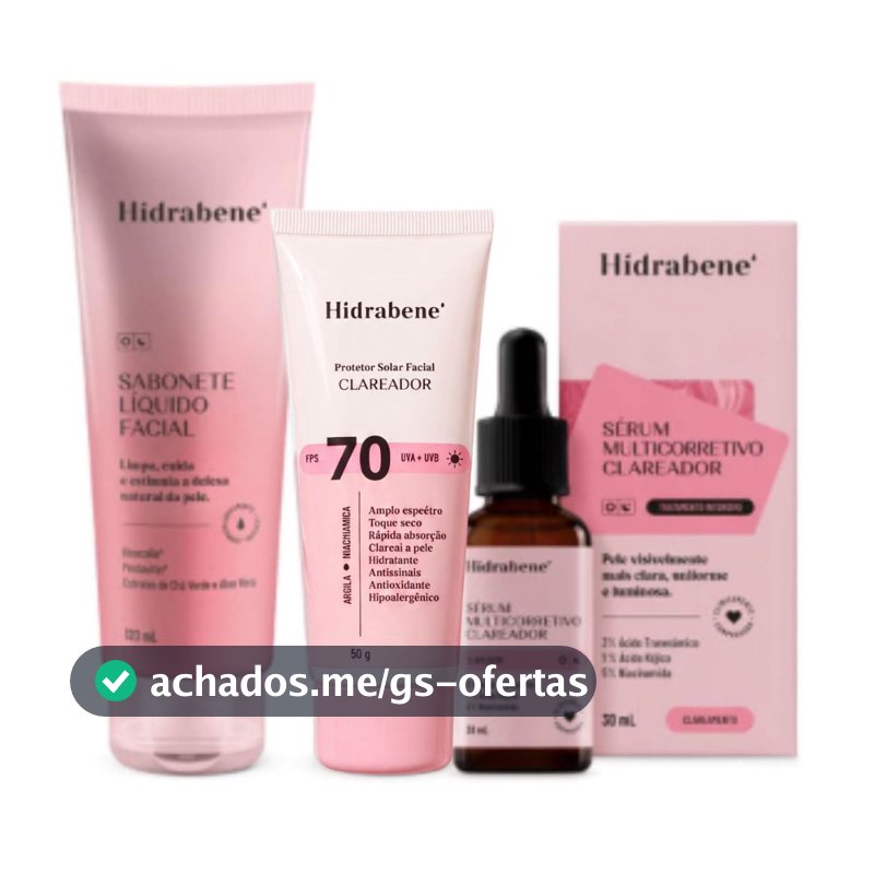 Kit Hidrabene Clareador Skincare Clareador Facial: Sabonete, Protetor 70 FPS e Sérum Multicorretivo