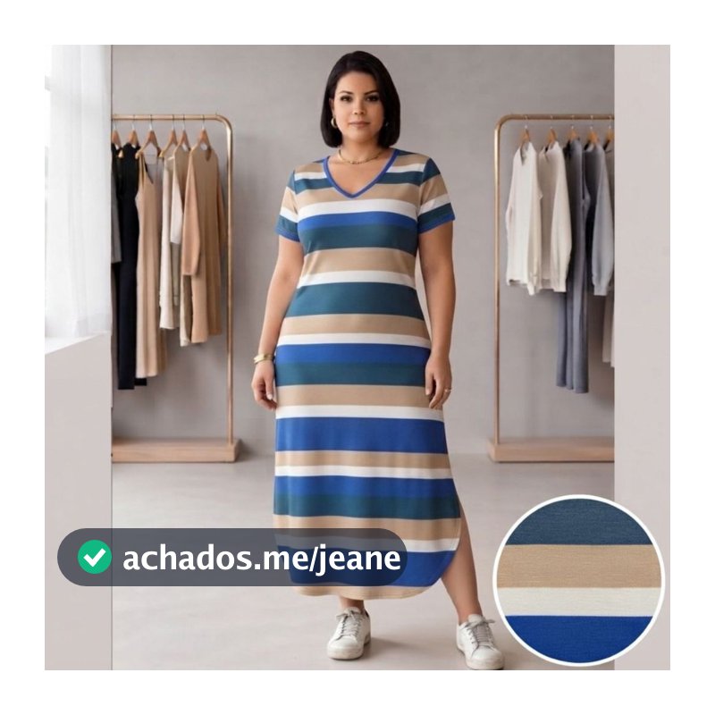 Vestido Longo Listrado Plus Size Com Fenda Lateral Manga Curta