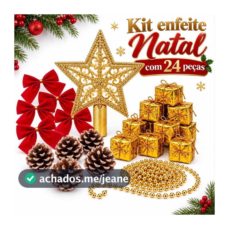 Enfeites Natalinos Para Árvore Natal Laço Presente Estrela 24 Peças