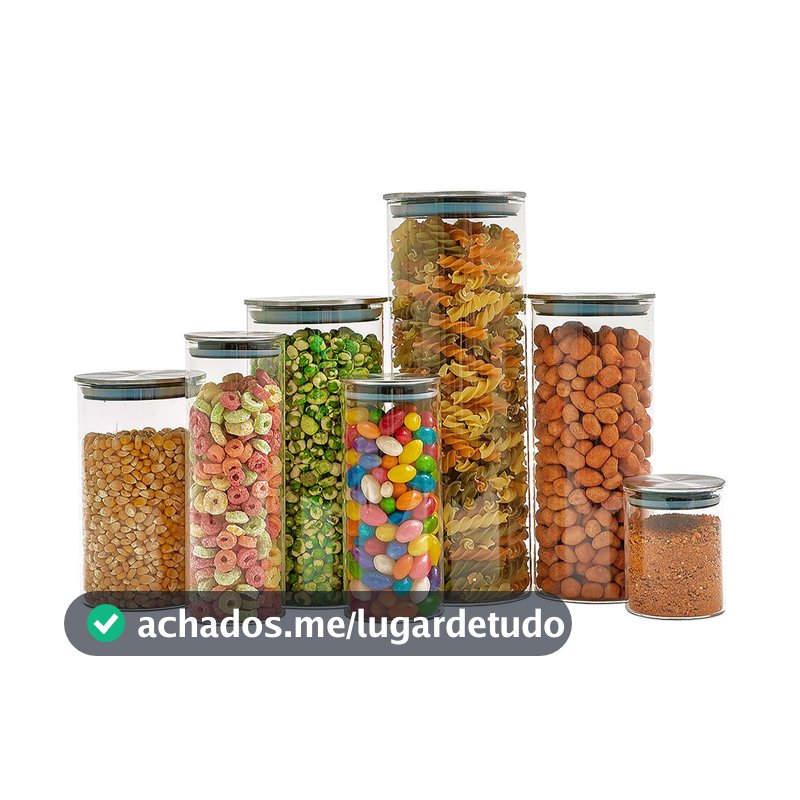Kit 7 potes de vidro com tampa inox hermético redondo - Tud