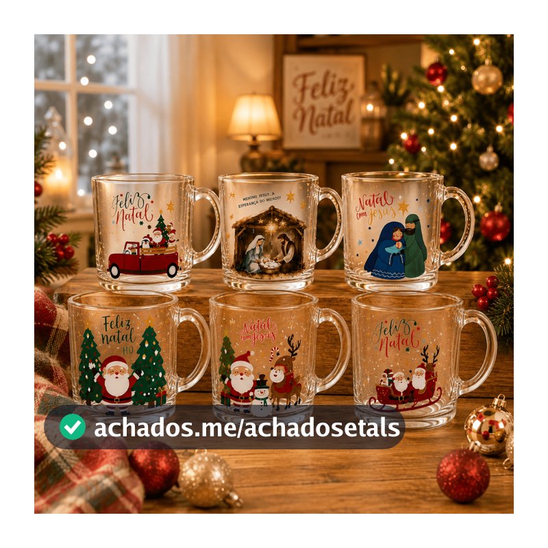 Kit Até 6 Canecas de Vidro Natal 320 ml Estampas Sortidas Festa