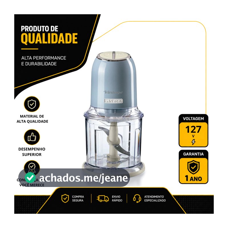 TRITURADOR DE ALIMENTOS ARIETE VINTAGE COM 2 VELOCIDADES 400W EM AÇO INOX AZUL 127V 00C04380FARBR