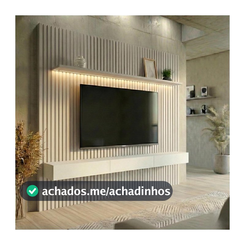 Painel Ripado com Rack Suspenso até 70 Polegadas Tulum com LED 1 PT 2 GV Off White Alt 218 Larg 222 cm