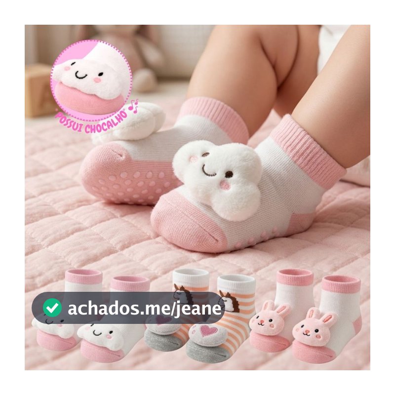Kit 9, 6 ou 3 Pares de Meias Bebê Menina Antiderrapante com Chocalho e Pelúcia Algodão Macia Confortável 0 a 24 Meses