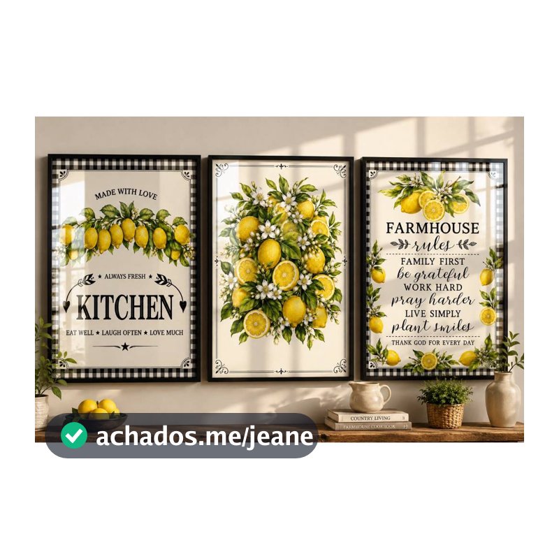 Kit 3 Quadros Limão Farmhouse Decorativos para Cozinha em MDF