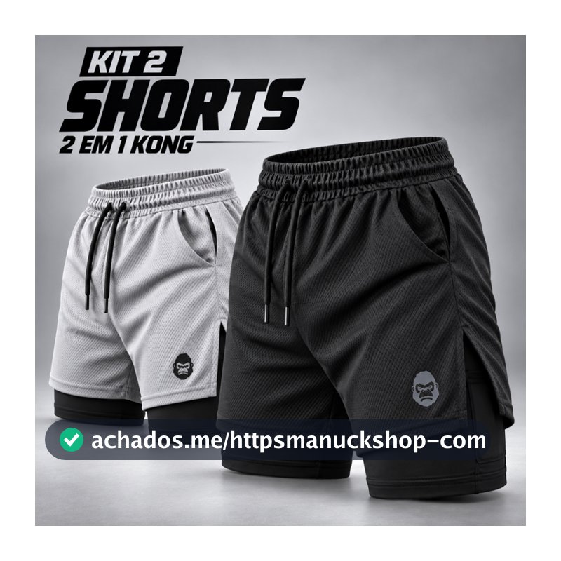 Kit 2 Shorts Masculino Kong 2 em 1 com Compressão, Bolso para Celular e Tecido Dry Fit