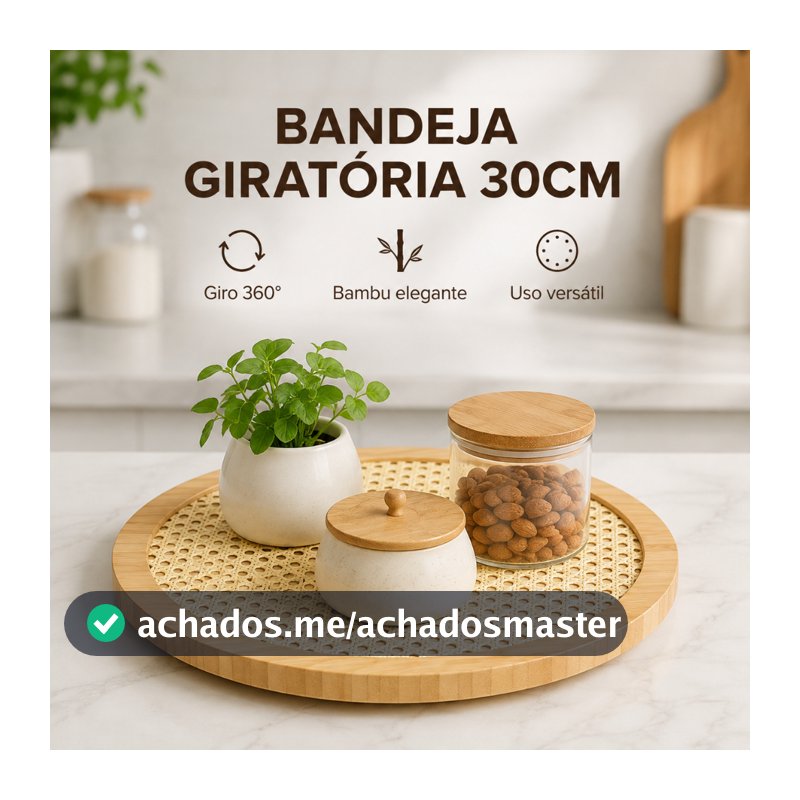 Bandeja Giratória de Bambu 30cm Redonda com Fundo Trançado para Cozinha Mesa e Organização