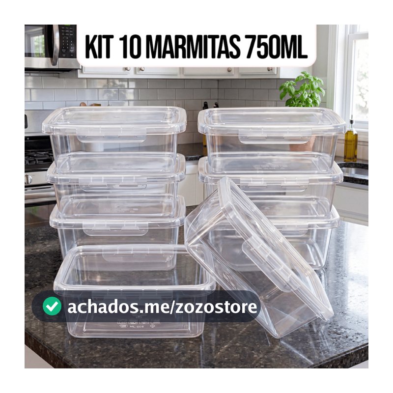 Kit 10 Marmitas Potes 750ml Travas Laterais hermeticas - Livres de BPA Alimentos organiza congelador - KAZIVA