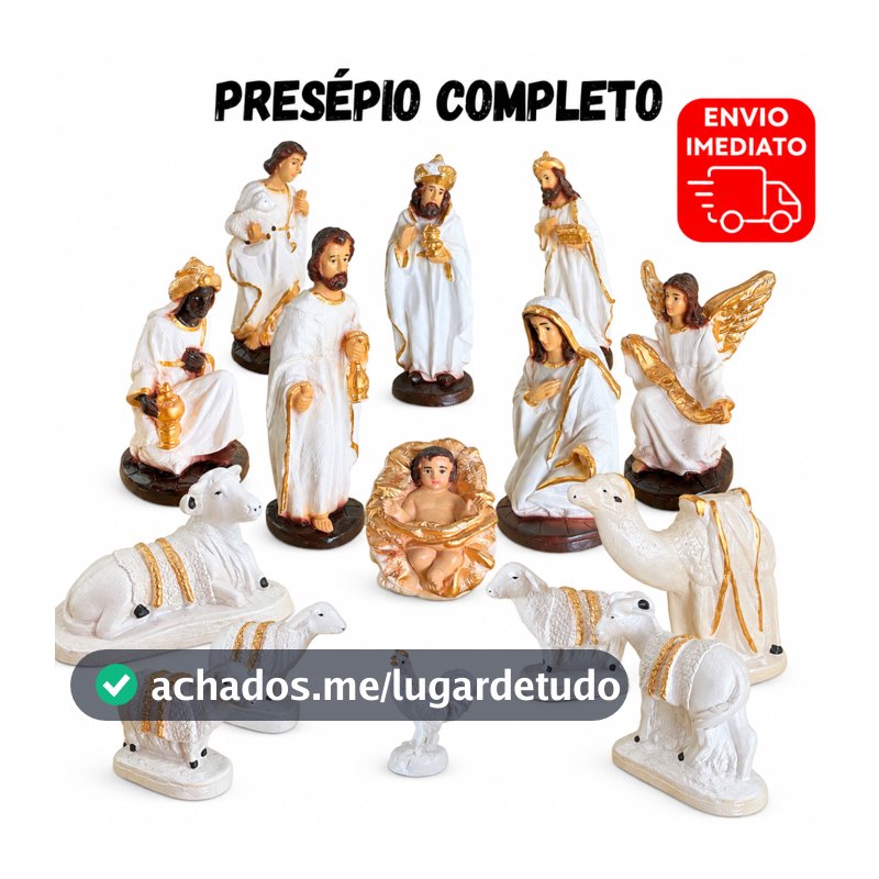 Presépio Natal 22cm Branco com Dourado 15 Peças Completo Decorativo Envio Imediato Lindo