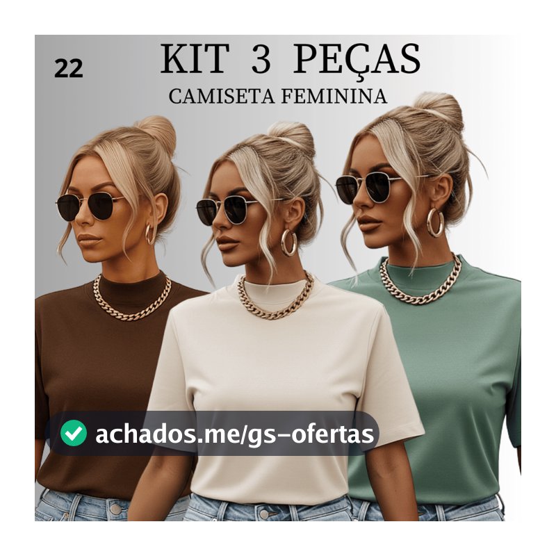 Kit 3 Blusa Feminina Blusinha T-shirt Oversized Gola Alta Lisa algodão Macio
