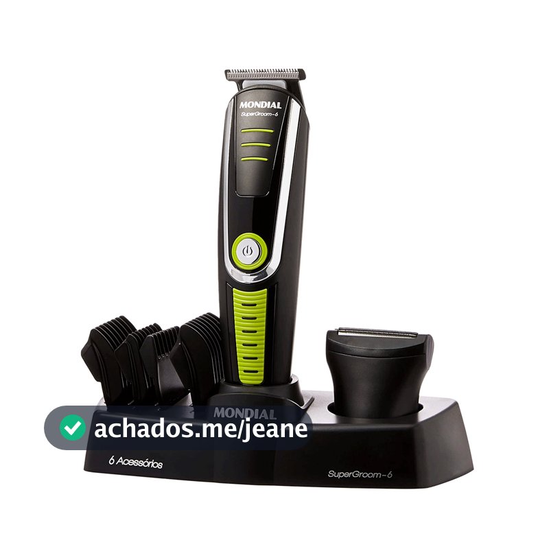 Aparador de Pelos Barbeador 4 pentes de corte Super Groom 6 BG-04 Preto/Verde Mondial - Bivolt