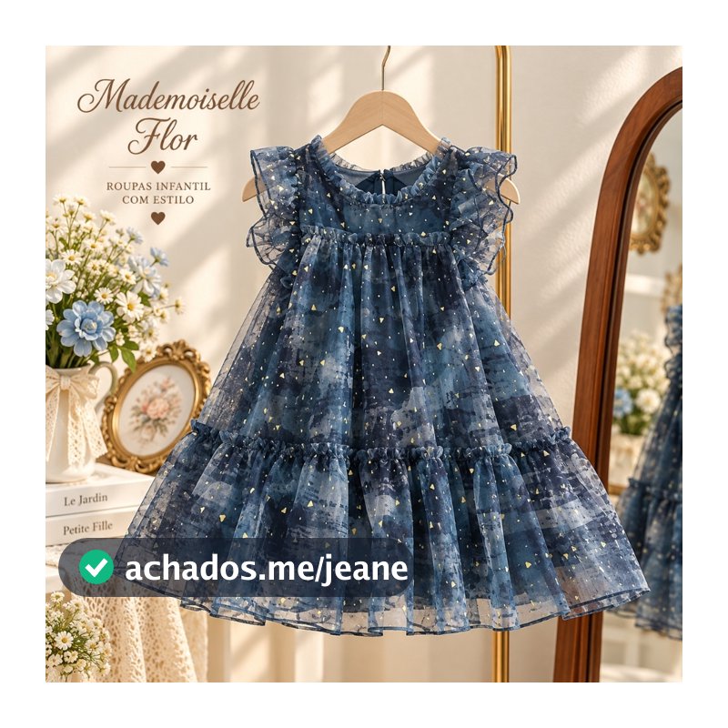 Vestido Infantil Menina Azul Tule com Brilho para Festa Passeio Viagem e Aniversário