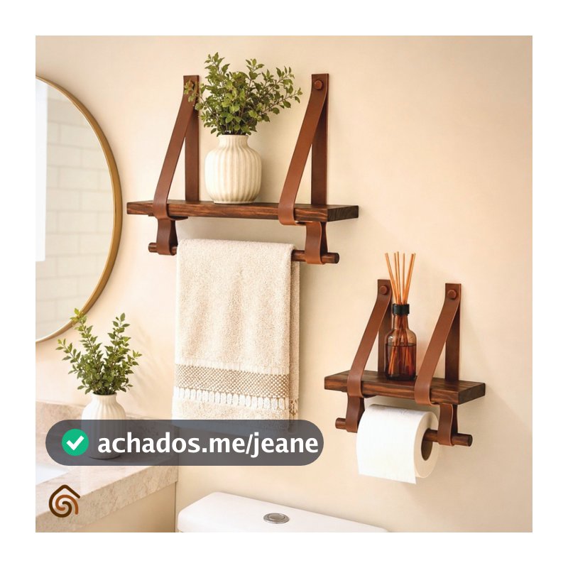 Kit Prateleiras de Madeira e Alças de Couro para Banheiro com Verniz Decoração Rústica | Casa Madêco