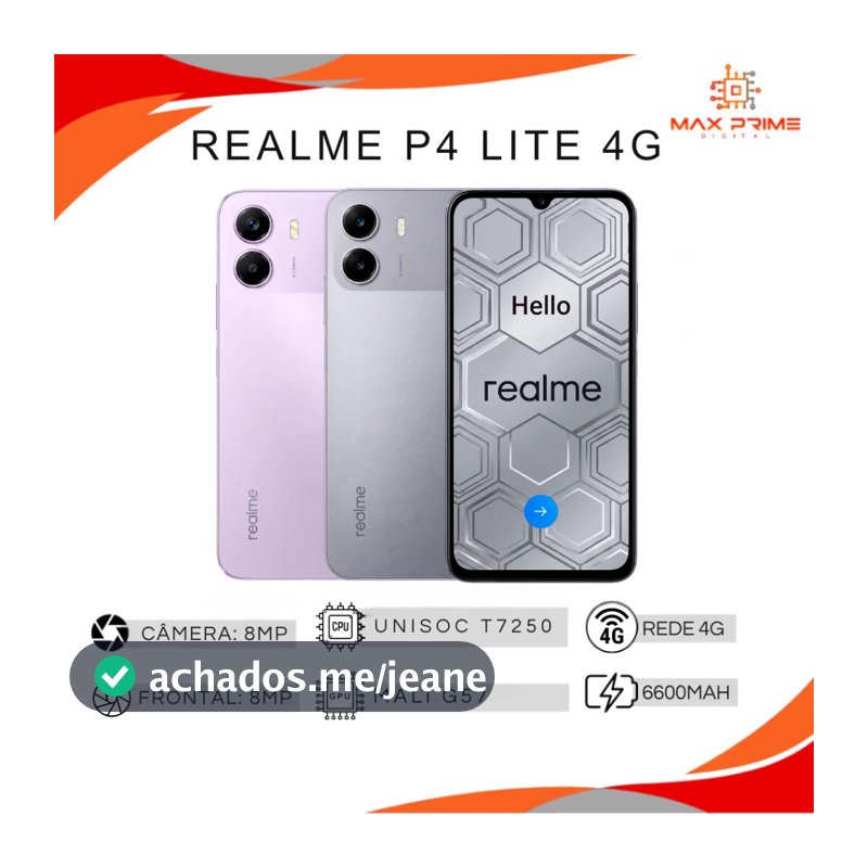 Realme P4 Lite 4G, 128/256GB e 4GB RAM , Versão Global, Processador Unisoc T7250, Bateria 6600mAh, Resistência IP64