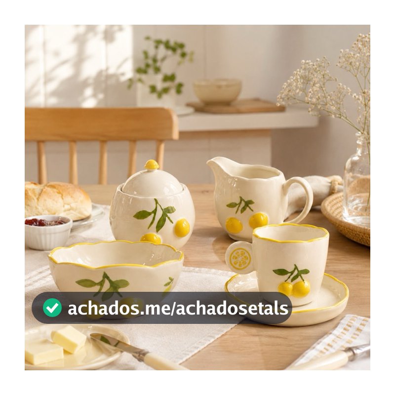 Peças Limoncello 3D de Porcelana Mesa Posta — Bowl; Xícara Com Pires; Leiteira e Açucareiro Com Design Limão Siciliano