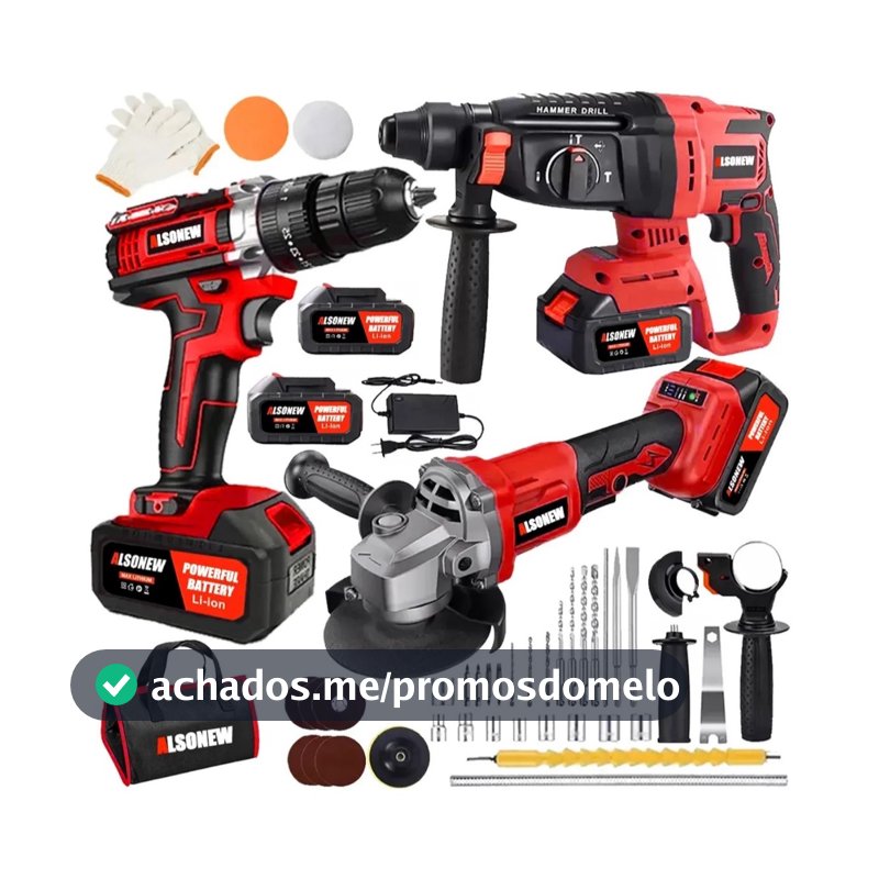 ALSONEW Kit Ferramentas Sem Fio, 4 Modelos: Chave Impacto, Furadeira, Catraca, Martelete Esmerilhadeira