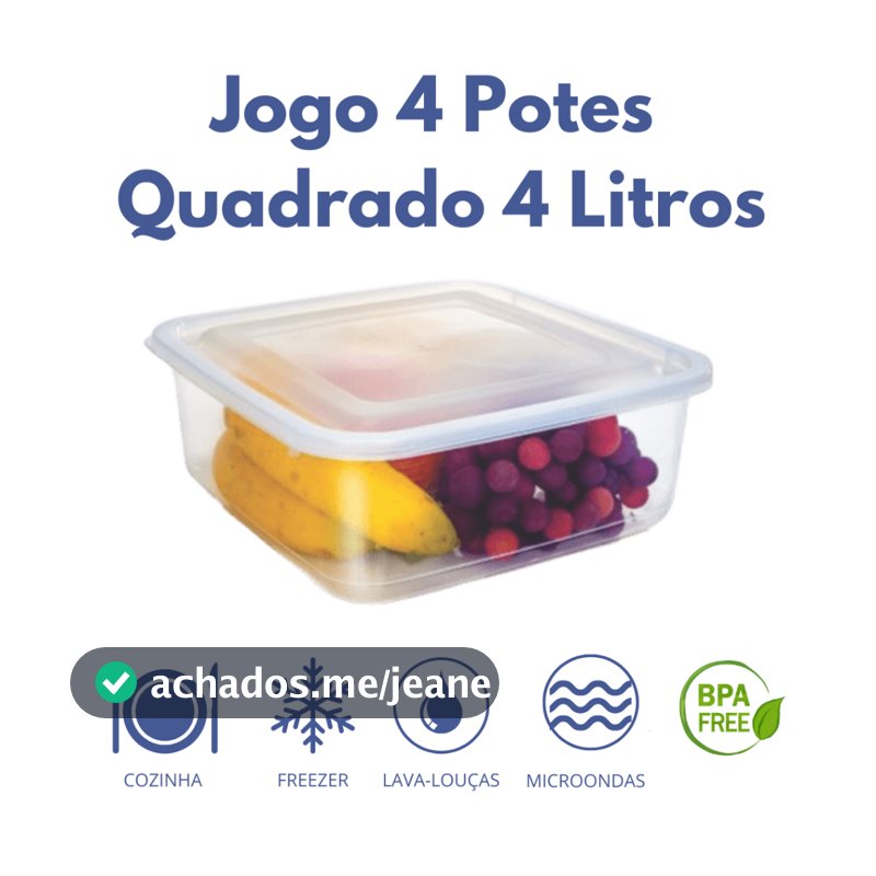 Kit 4 Potes Quadrado Transparente 4 Litros Tampa Hermética BPA FREE Organizador de Geladeira