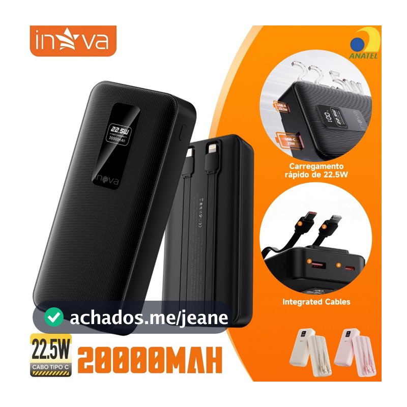INOVA Power Bank Universal 10000/20000mAh Display LED Carga Rápida 22.5W Portátil Compatível iPhone Android