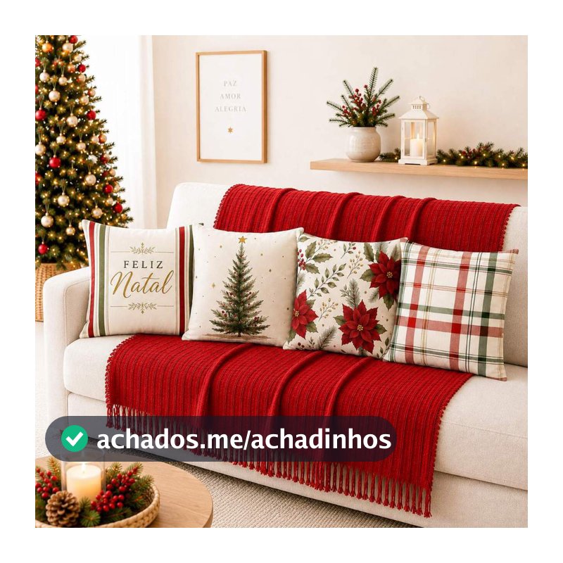 Kit Manta Decorativa 1,40 x1,70 + 4 Capas de Almofada Natal 43x43 para Sala e Sofá Decoração Natalina