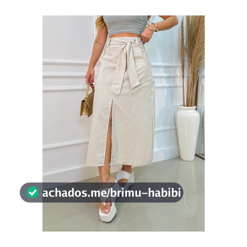 EMILI Saia Feminina Midi Linho Cinto/Fenda na Frente/ Linho/ Passante com Tecido da Saia. - S782