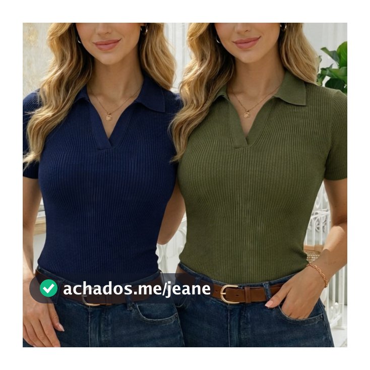 Kit 2 Blusas Polo Feminina Manga Curta Decote V Canelada Confortável