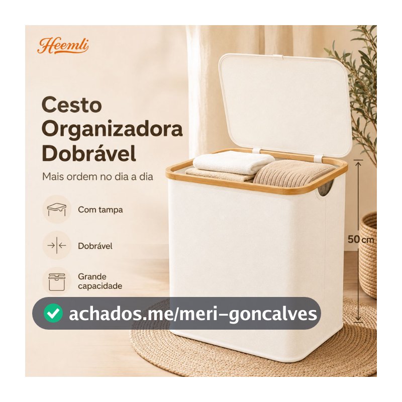 Cesto Organizador Heemli com Tampa de Bambu Dobrável para Lavanderia Sala Banheiro