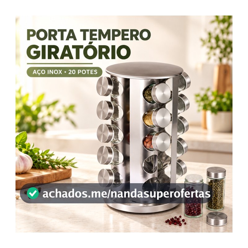 Porta Tempero Giratório 20 Potes Vidro e Inox Organizador de Condimentos Cozinha 360°