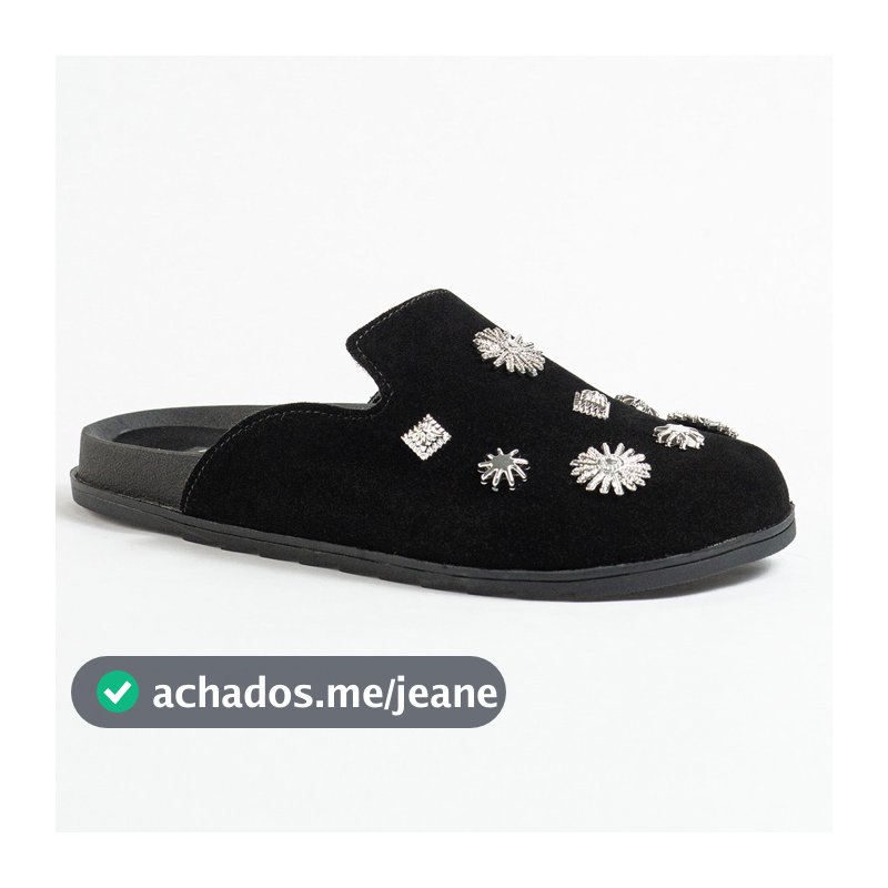 Clog Mule Feminino Camurça com Apliques Brilhantes Casual Leve Estiloso Moderno