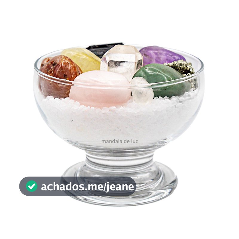 Taça da Prosperidade de Cristais e Sal Grosso 7cm Pedras Mistas Kit Ponta