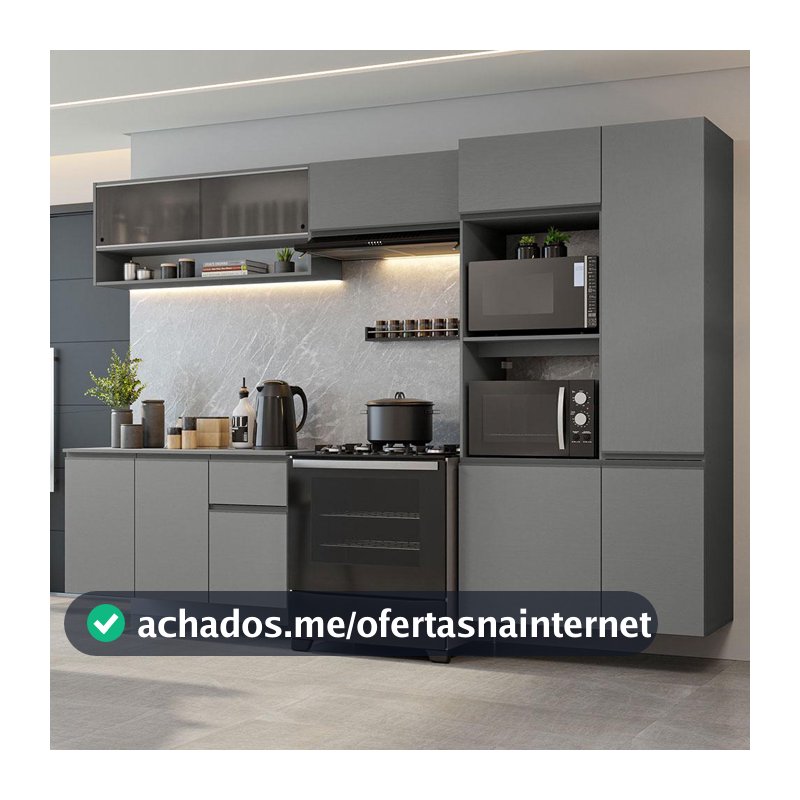Armário de Cozinha Completa Suspenso 300cm Cinza Nice Madesa 06