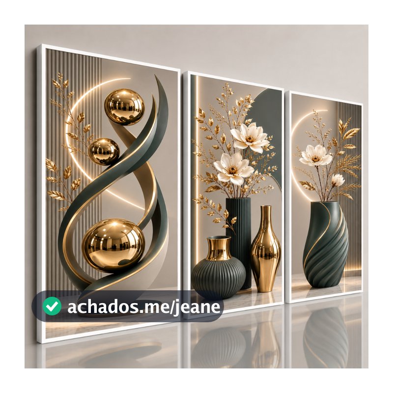 Kit 3 Quadros Sala De Estar Moderno Vasos Verde Escuro Esferas 3D E Flores Ouro Decoração Para Casa