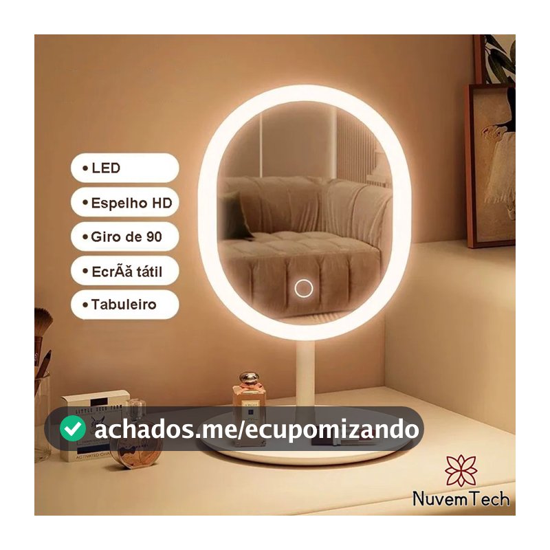 Espelho De Maquiagem Mesa Inteligente Com Luz LED USB Portátil Dobrável Ajustável Touch Oval