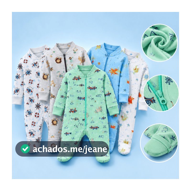 5 Macacões Bebê Estampado Vira Pé com Zíper Menino 100% Algodão