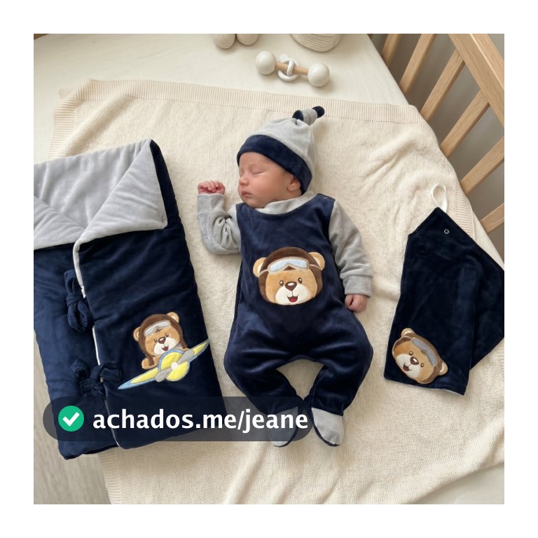Saída Maternidade Bebê Menino Urso Aviador com Saco De Dormir Plush Quentinho Enxoval Maternidade