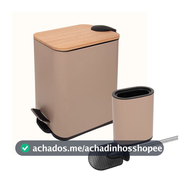 Lixeira Banheiro Redonda ou Retangular com Pedal e Tampa Bambu 5L Opção Escova Sanitária Lyor