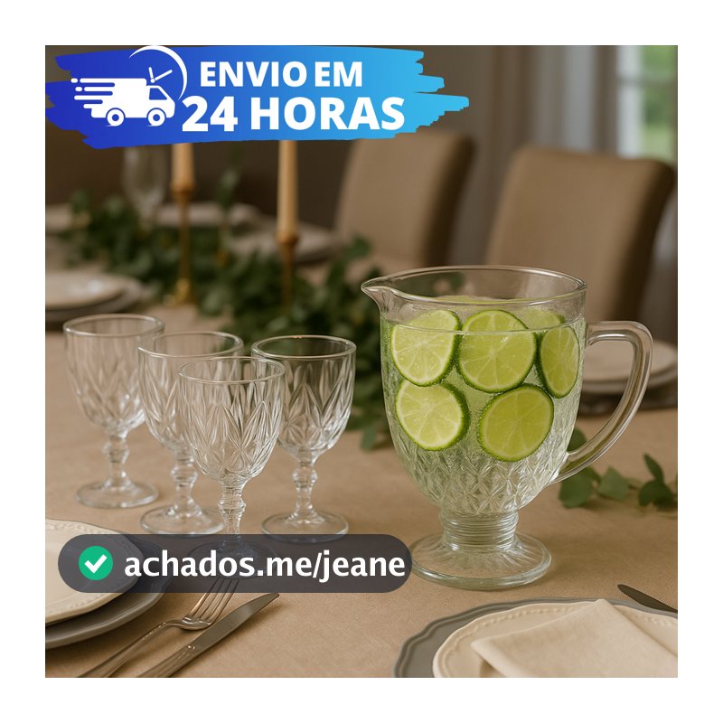 Conjunto Jarra Diamond 1200ML e Jogo Taças 340ML Diamante Kit Água Suco Vinhos