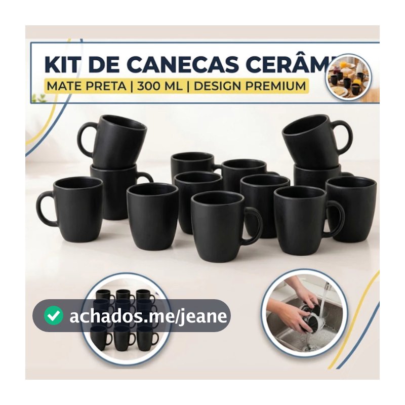 Kit de Canecas Cerâmica Porcelana 300ml Premium Jogo Xícara Café Chá Moka Capuccino Cor Preta