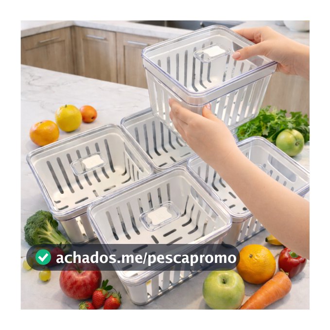 Kit Organizador de Geladeira 3,8 Litros Cesto Com Tampa Multiuso Alimentos Verduras e Vegetais
