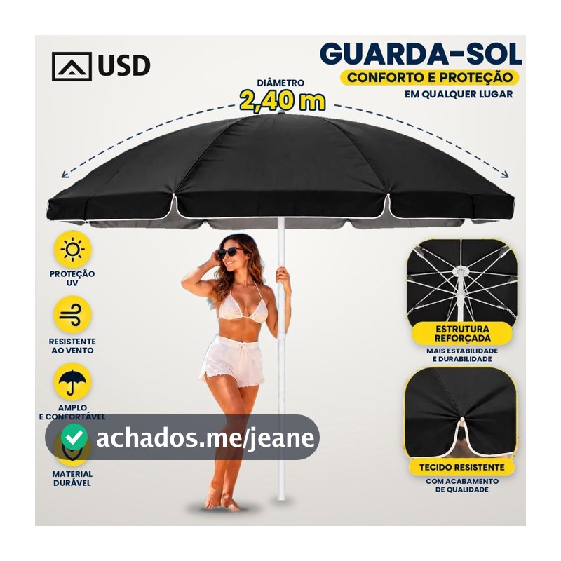Guarda Sol Gigante Grande Usd 2,40m Com Proteção Uv Para Praia Camping Piscina Verão