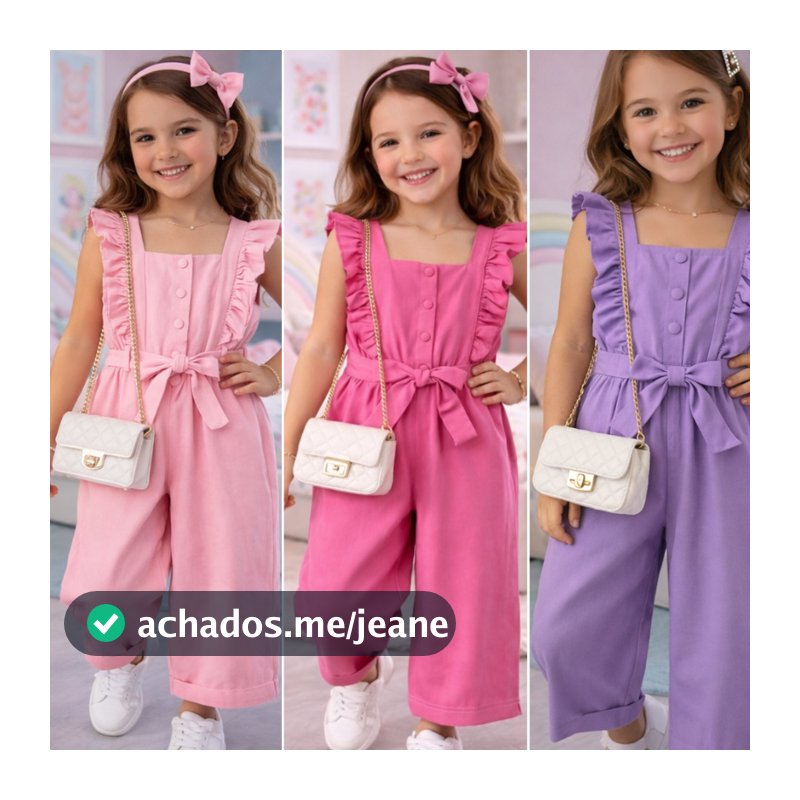 Macacão Infantil Alfaiataria Menina Premium com Babado e Laço (4 ao 10) Conjunto Chic Festa Passeio