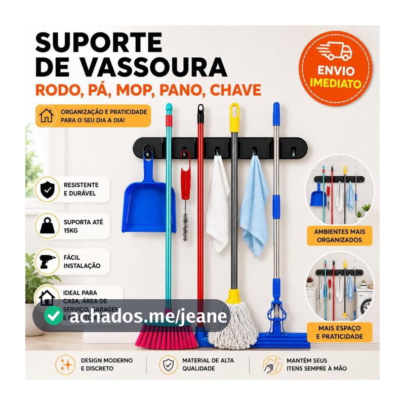 Suporte Parede Organizador Vassoura Rodo Pá Mop Pano Chave Preto