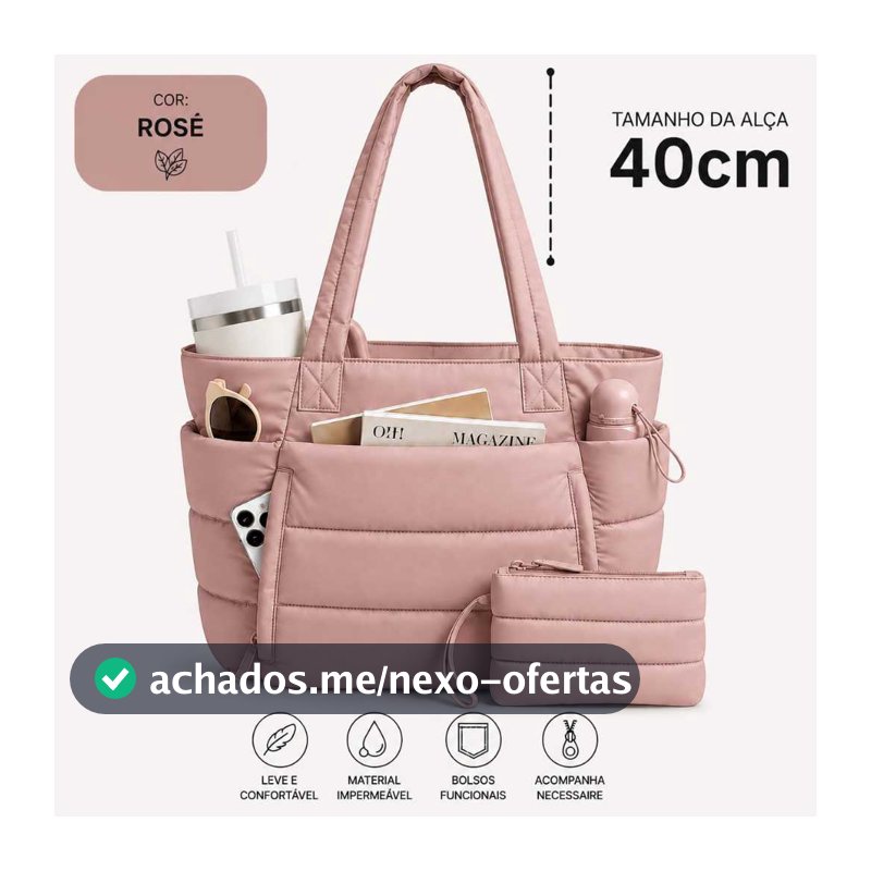 Bolsa Feminina Grande Matelassê Impermeável com Alças Longas + Necessaire