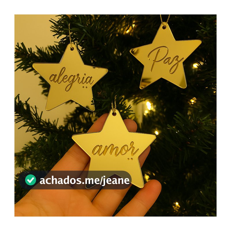 Kit Enfeites Árvore Natal 8 unid Acrílico Bolas e Estrelas Gravadas c/ cordão Decoração Natalina