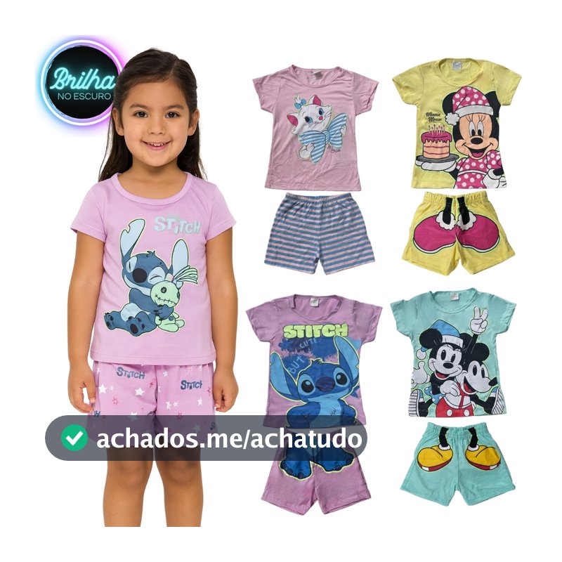 Conjunto Pijama Brilha no Escuro Personagens Menina Infantil Minnie Stitch Malha Levinha