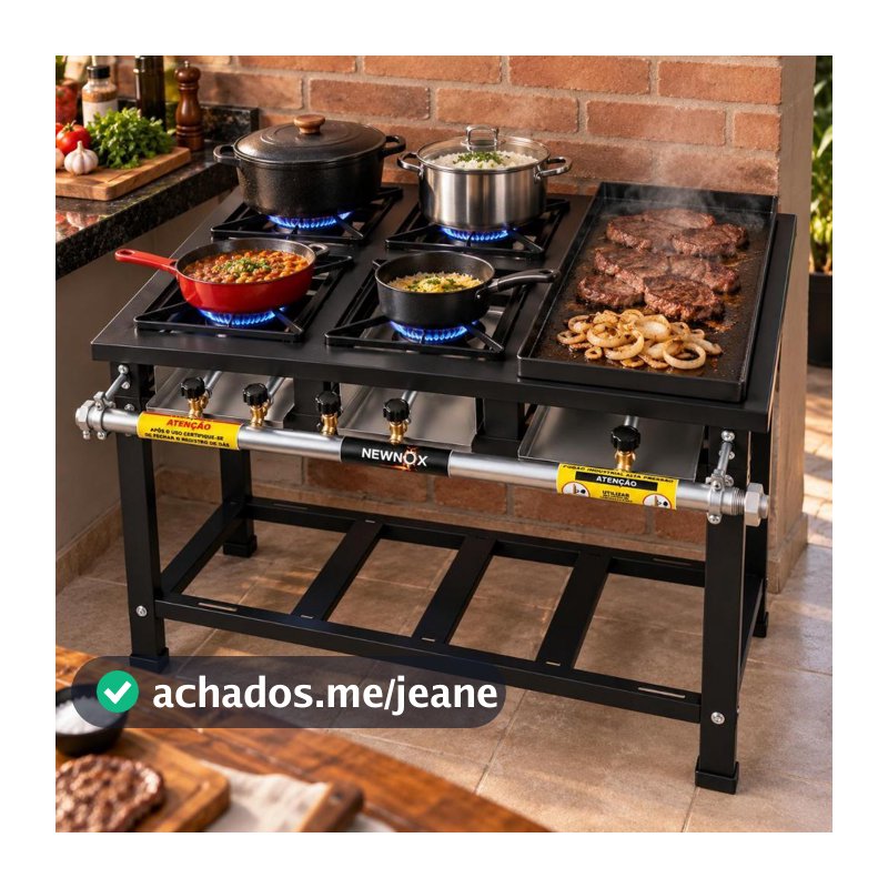 Fogão 4 Bocas Alta Pressão Semi Industrial Com Chapa Para Porções