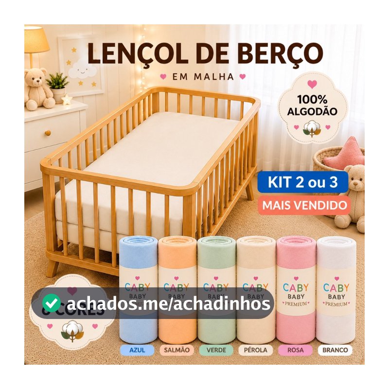 Lençol de Berço Kit 2 ou 3 100% Algodão com Elástico 70x130x12 – Malha Confortável
