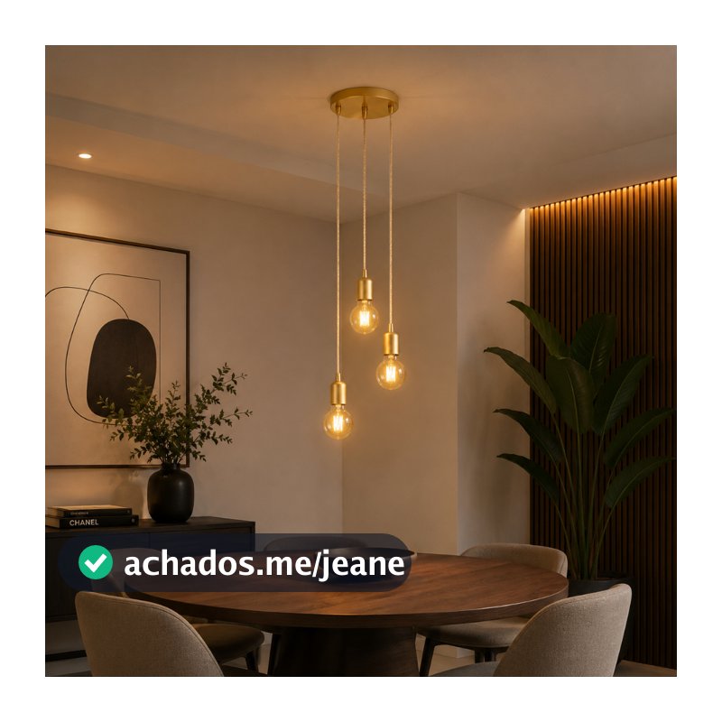 Luminária de Teto Lustre para Sala Pendente Fio Cabo Vintage Retrô Industrial Base Tripla E-27