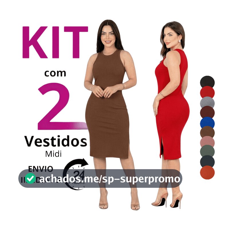 Kit 2 Vestido Midi Canelado Feminino Regata Ajustado Fenda Lateral Slim Elegante Festa P- EXG Oferta