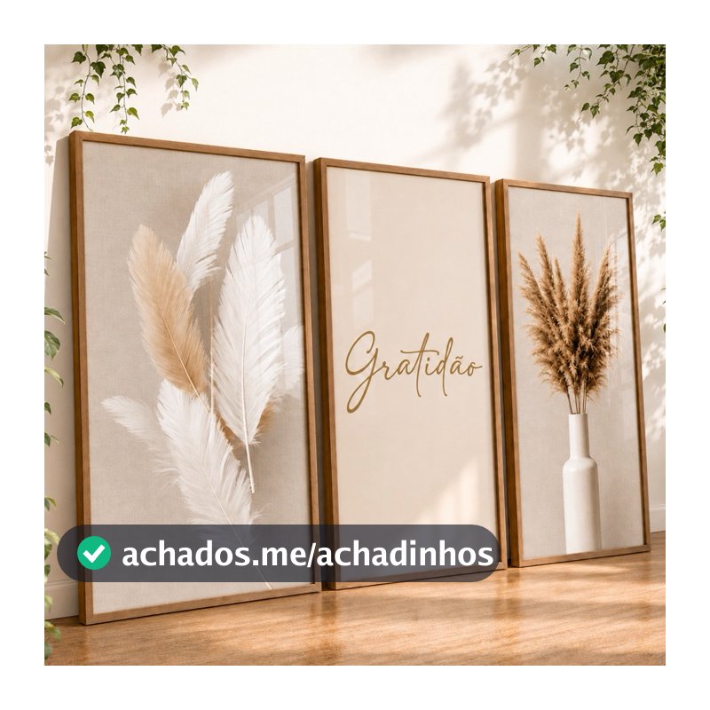 Quadro Decorativos Trio Gratidão Ramo de Trigo Prosperidade Branco Moderno para Sala Hall Escritório