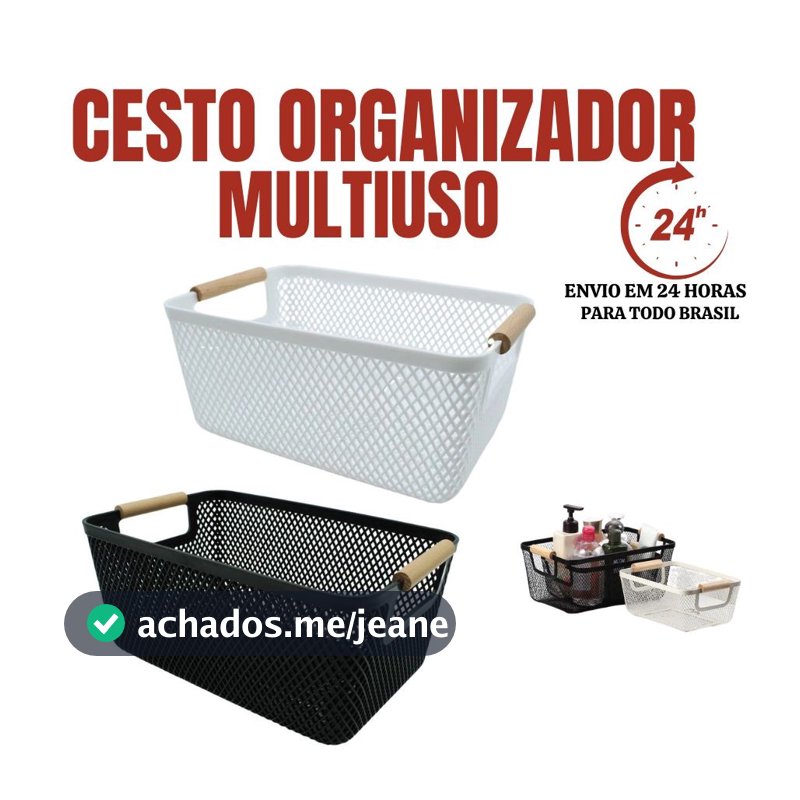 Cesto plástico Organizador Para Frutas Telado Retangular Branco preto Fruteira Com Alça De Madeira